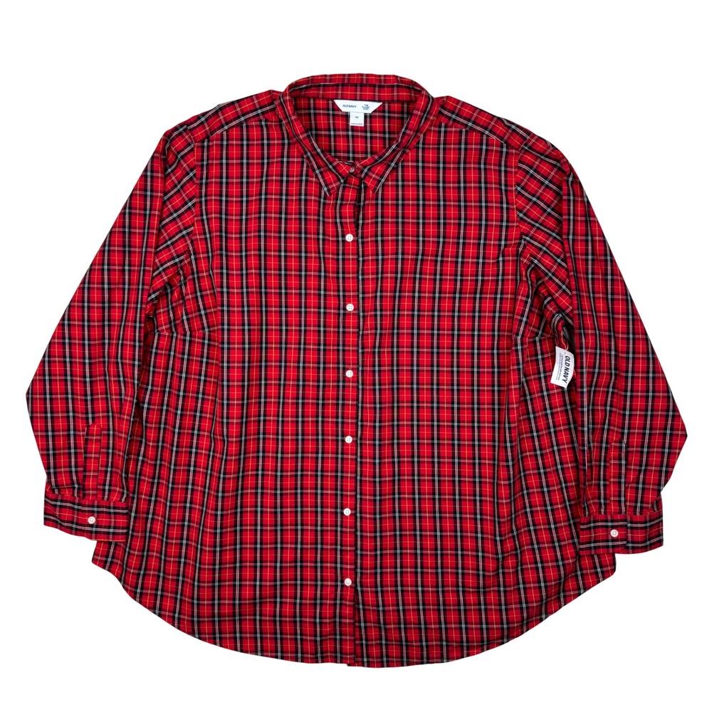 NWT Old Navy Classic Shirt Red Tartan Plaid Button Up Womens 3X Preppy Holiday